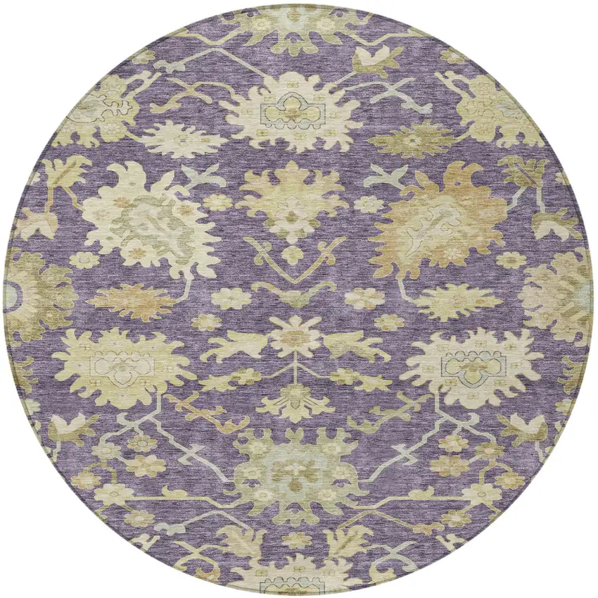 8' Eggplant Beige And Green Round Floral Washable Indoor Outdoor Area Rug Photo 7