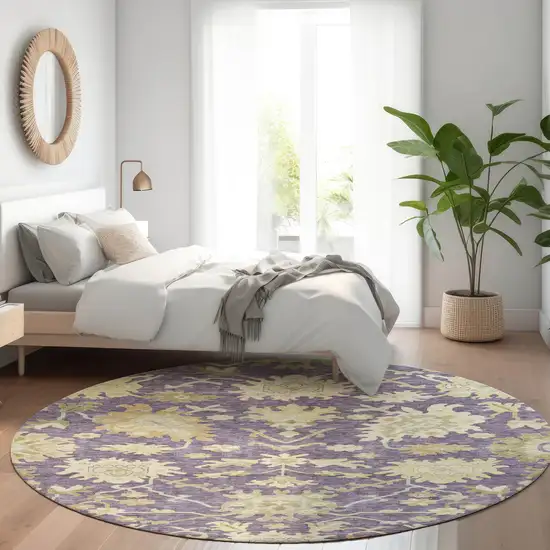 8' Eggplant Beige And Green Round Floral Washable Indoor Outdoor Area Rug Photo 9