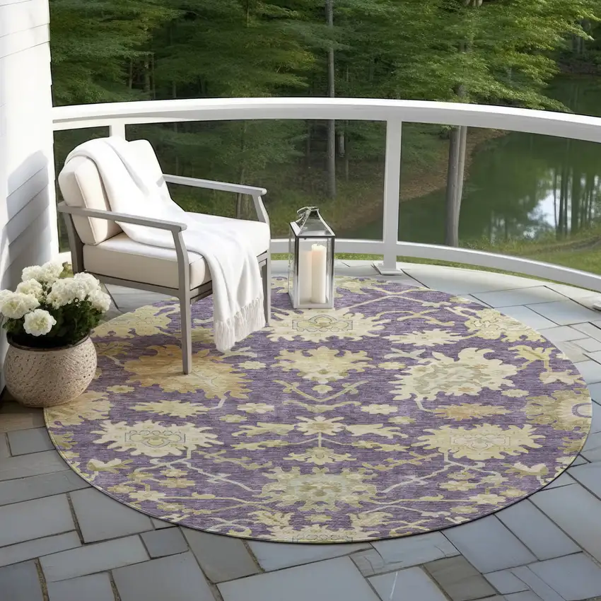 8' Eggplant Beige And Green Round Floral Washable Indoor Outdoor Area Rug Photo 8