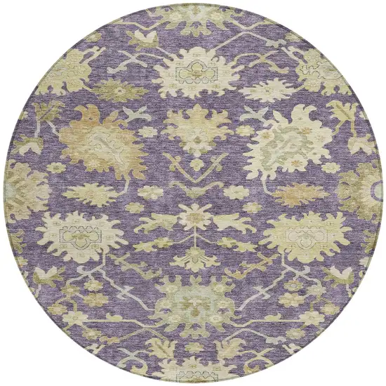 8' Eggplant Beige And Green Round Floral Washable Indoor Outdoor Area Rug Photo 6