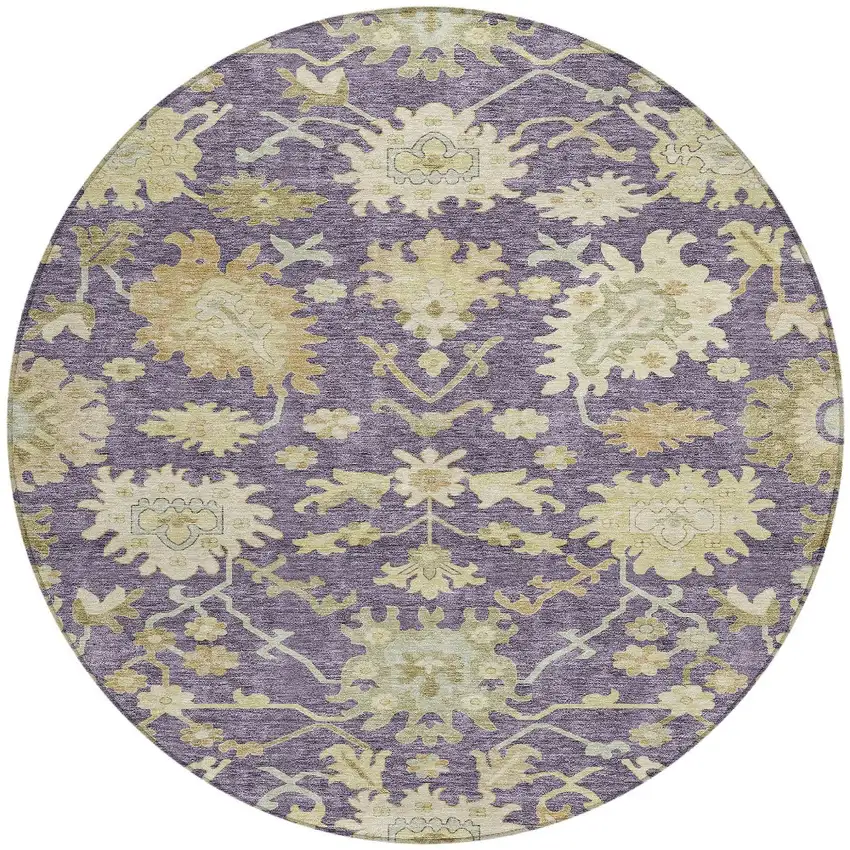 8' Eggplant Beige And Green Round Floral Washable Indoor Outdoor Area Rug Photo 6