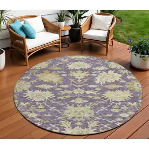Photo of 8' Eggplant Beige And Green Round Floral Washable Indoor Outdoor Area Rug