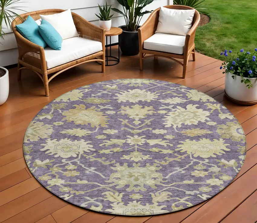 8' Eggplant Beige And Green Round Floral Washable Indoor Outdoor Area Rug Photo 1