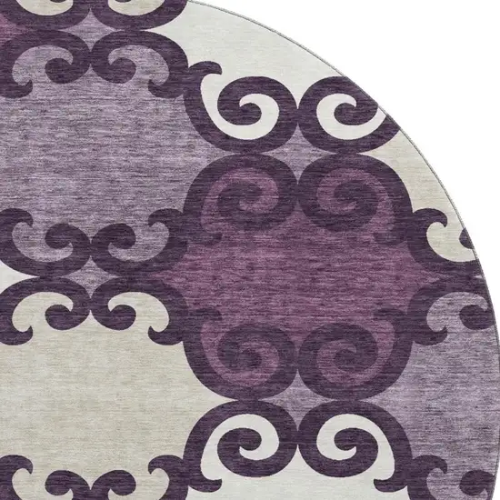 8' Eggplant Beige And Ivory Trellis Washable Round Rug With UV Protection Photo 3