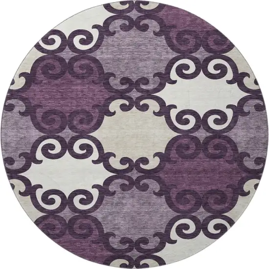 8' Eggplant Beige And Ivory Trellis Washable Round Rug With UV Protection Photo 4