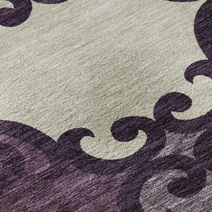 8' Eggplant Beige And Ivory Trellis Washable Round Rug With UV Protection Photo 9