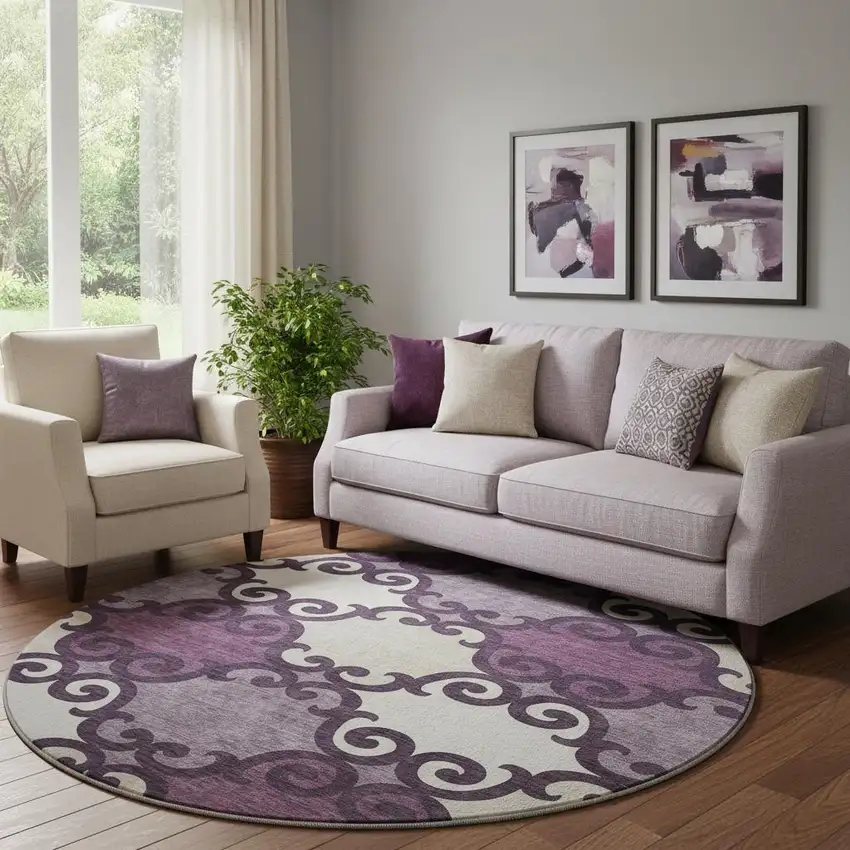 8' Eggplant Beige And Ivory Trellis Washable Round Rug With UV Protection Photo 1