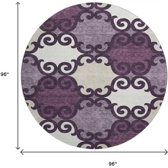 8' Eggplant Beige And Ivory Trellis Washable Round Rug With UV Protection Photo 8