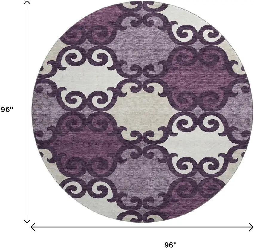 8' Eggplant Beige And Ivory Trellis Washable Round Rug With UV Protection Photo 8