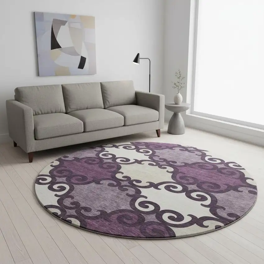 8' Eggplant Beige And Ivory Trellis Washable Round Rug With UV Protection Photo 2