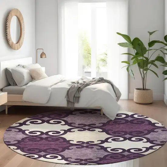 8' Eggplant Beige And Ivory Trellis Washable Round Rug With UV Protection Photo 5