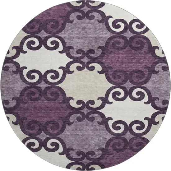 8' Eggplant Beige And Ivory Trellis Washable Round Rug With UV Protection Photo 1