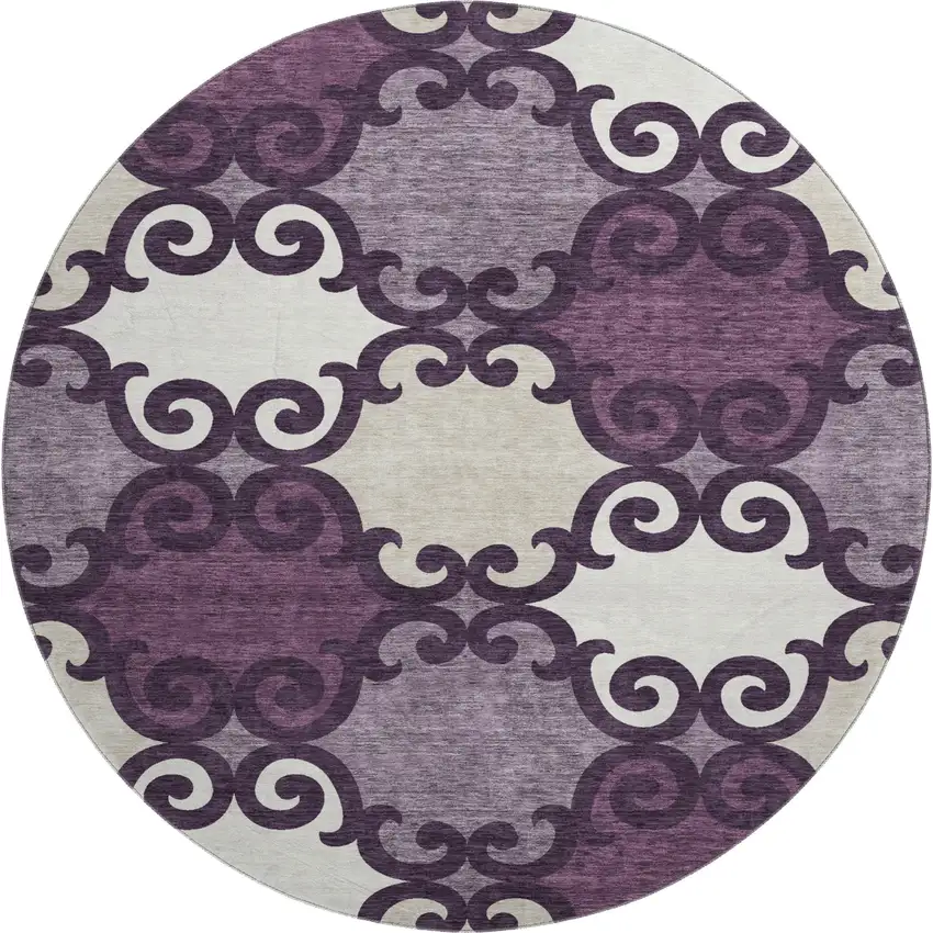 8' Eggplant Beige And Ivory Trellis Washable Round Rug With UV Protection Photo 1