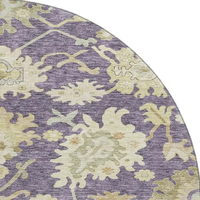8' Eggplant Beige And Sage Floral Medallion Washable Round Rug With UV Protection Photo 2