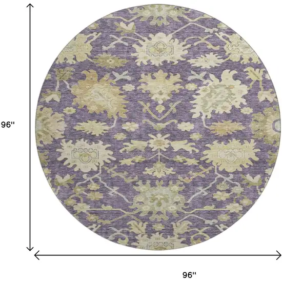 8' Eggplant Beige And Sage Floral Medallion Washable Round Rug With UV Protection Photo 9
