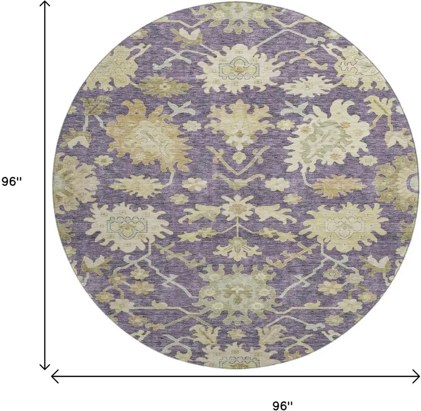 8' Eggplant Beige And Sage Floral Medallion Washable Round Rug With UV Protection Photo 9