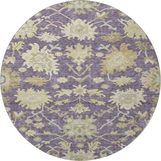 8' Eggplant Beige And Sage Floral Medallion Washable Round Rug With UV Protection Photo 3