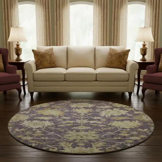 8' Eggplant Beige And Sage Floral Medallion Washable Round Rug With UV Protection Photo 2
