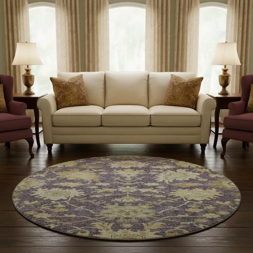 8' Eggplant Beige And Sage Floral Medallion Washable Round Rug With UV Protection Photo 2