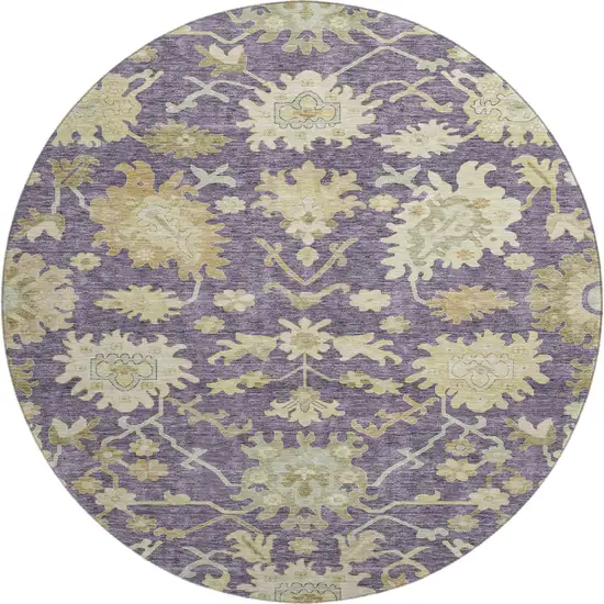 8' Eggplant Beige And Sage Floral Medallion Washable Round Rug With UV Protection Photo 1