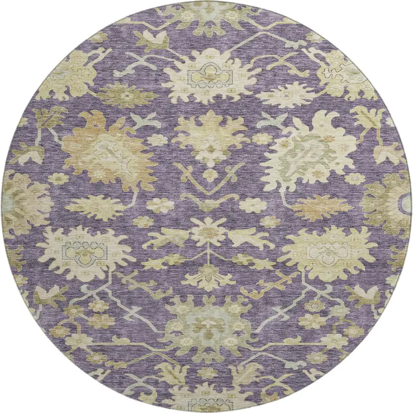 8' Eggplant Beige And Sage Floral Medallion Washable Round Rug With UV Protection Photo 1