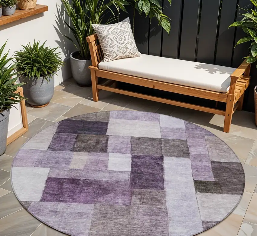 8' Eggplant Black And Lavender Round Geometric Washable Indoor Outdoor Area Rug Photo 1