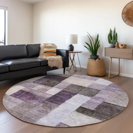 8' Eggplant Black And Lavender Round Geometric Washable Indoor Outdoor Area Rug Photo 7