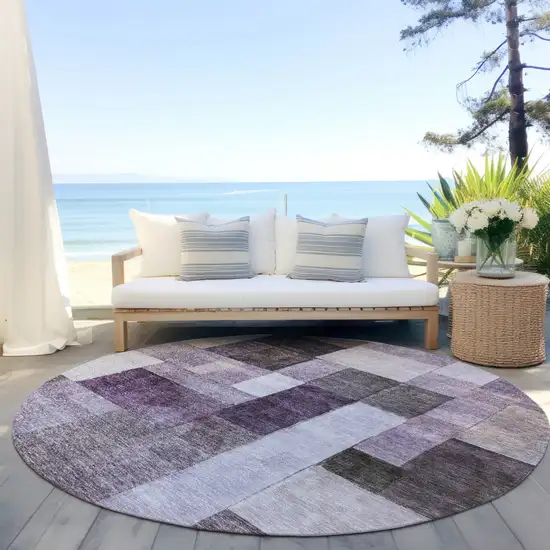 8' Eggplant Black And Lavender Round Geometric Washable Indoor Outdoor Area Rug Photo 6