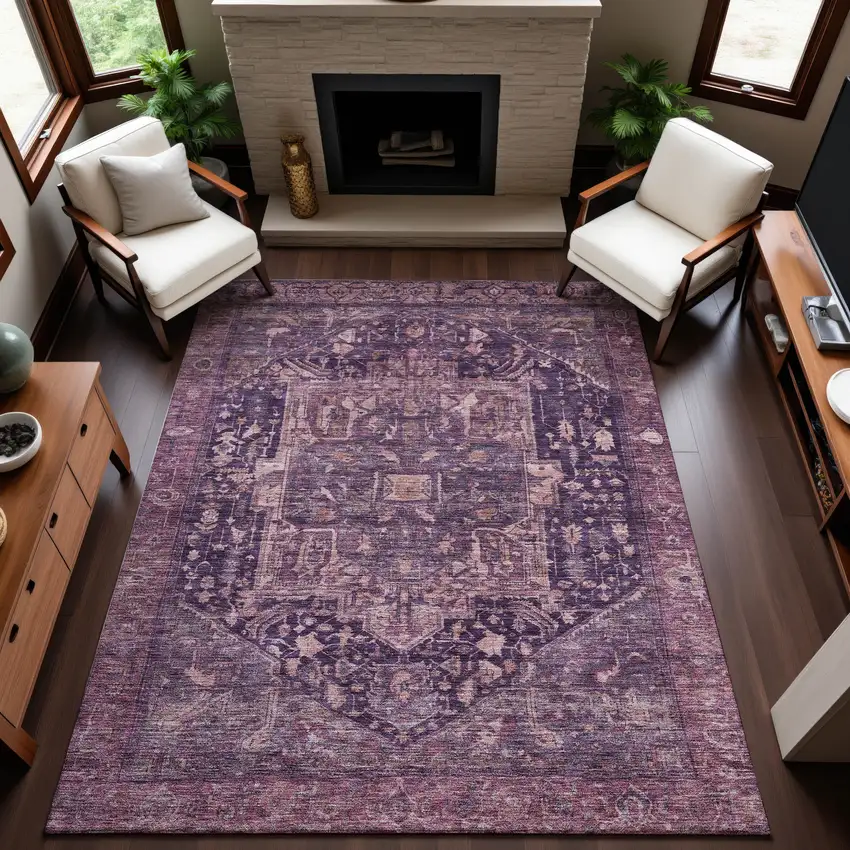 8' Eggplant Gold And Gray Oriental Washable Area Rug With UV Protection Photo 4