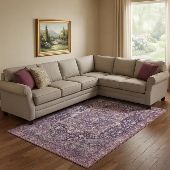 8' Eggplant Gold And Gray Oriental Washable Area Rug With UV Protection Photo 2