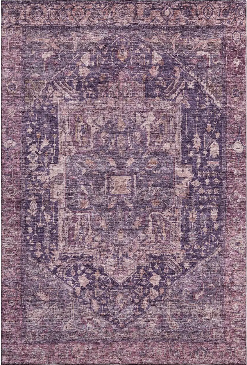 8' Eggplant Gold And Gray Oriental Washable Area Rug With UV Protection Photo 1