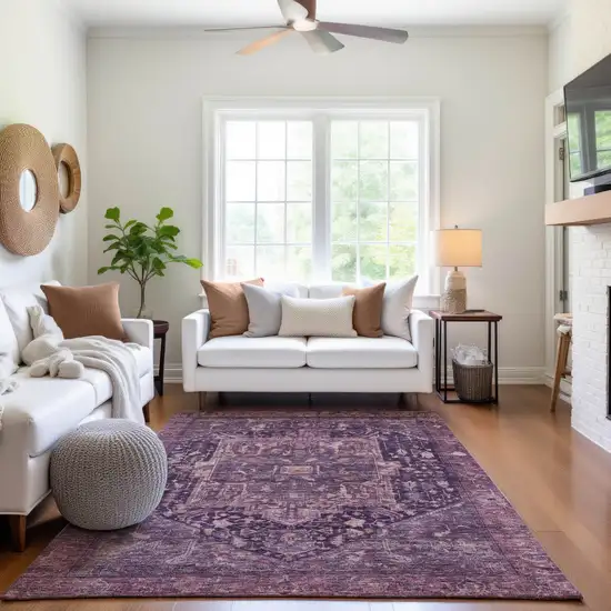 8' Eggplant Gold And Gray Oriental Washable Area Rug With UV Protection Photo 5