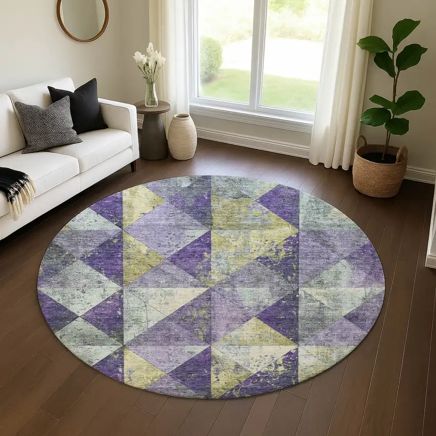 8' Eggplant Gold And Ivory Geometric Washable Round Rug With UV Protection Photo 4