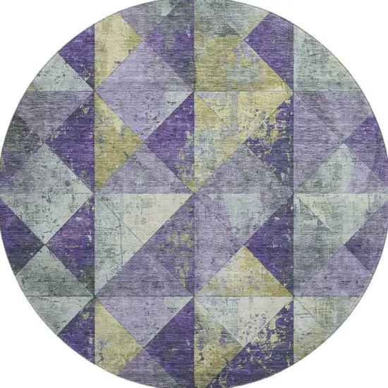 8' Eggplant Gold And Ivory Geometric Washable Round Rug With UV Protection Photo 3
