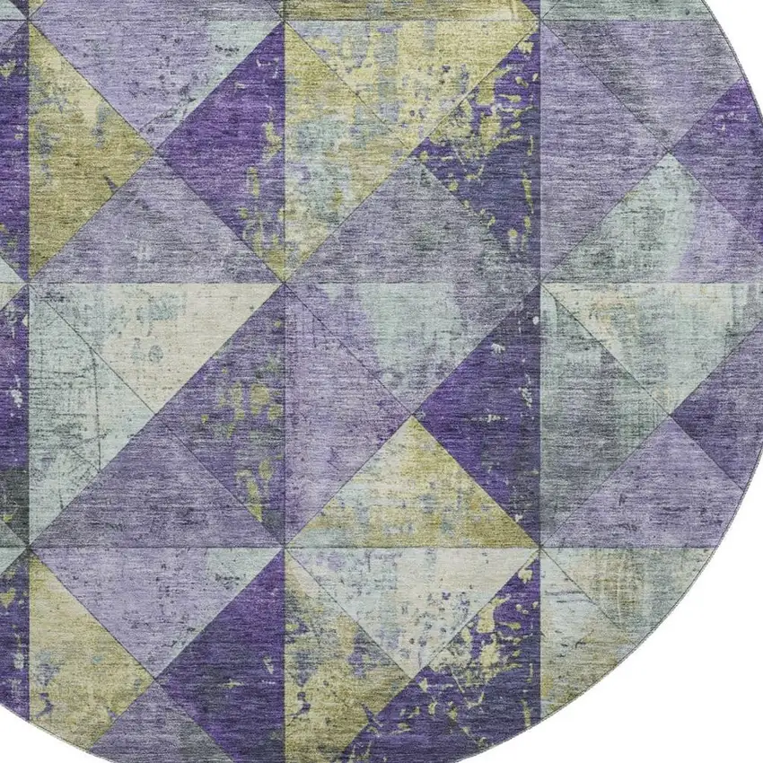 8' Eggplant Gold And Ivory Geometric Washable Round Rug With UV Protection Photo 2