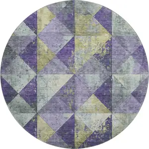 Photo of 8' Eggplant Gold And Ivory Geometric Washable Round Rug With UV Protection