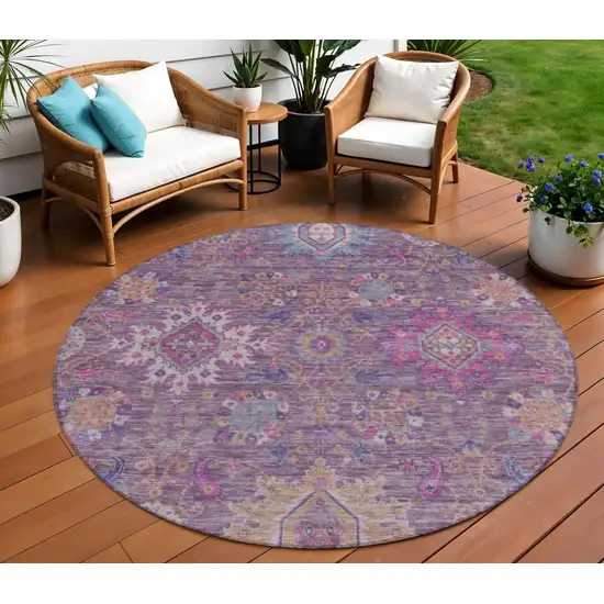 8' Eggplant Gold And Teal Blue Round Medallion Washable Indoor Outdoor Area Rug Photo 2