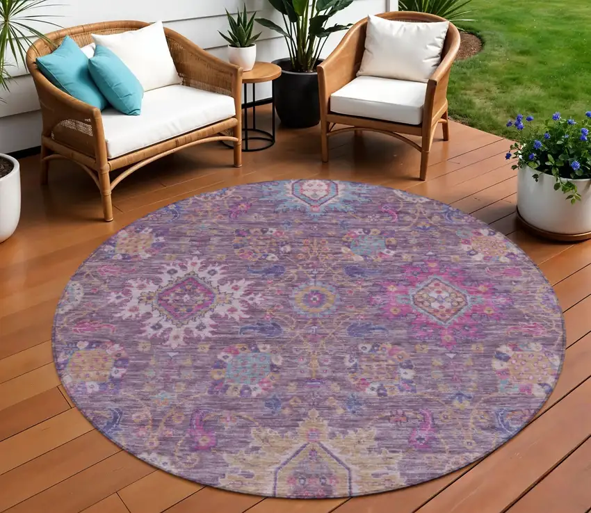 8' Eggplant Gold And Teal Blue Round Medallion Washable Indoor Outdoor Area Rug Photo 2