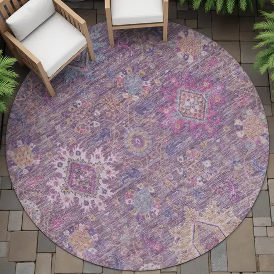 8' Eggplant Gold And Teal Blue Round Medallion Washable Indoor Outdoor Area Rug Photo 7