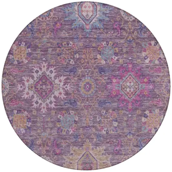 8' Eggplant Gold And Teal Blue Round Medallion Washable Indoor Outdoor Area Rug Photo 4