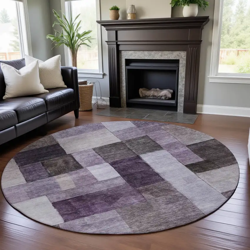 8' Eggplant Gray And Ivory Geometric Washable Round Rug With UV Protection Photo 3