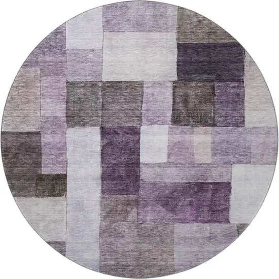 8' Eggplant Gray And Ivory Geometric Washable Round Rug With UV Protection Photo 2