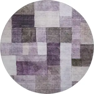Photo of 8' Eggplant Gray And Ivory Geometric Washable Round Rug With UV Protection