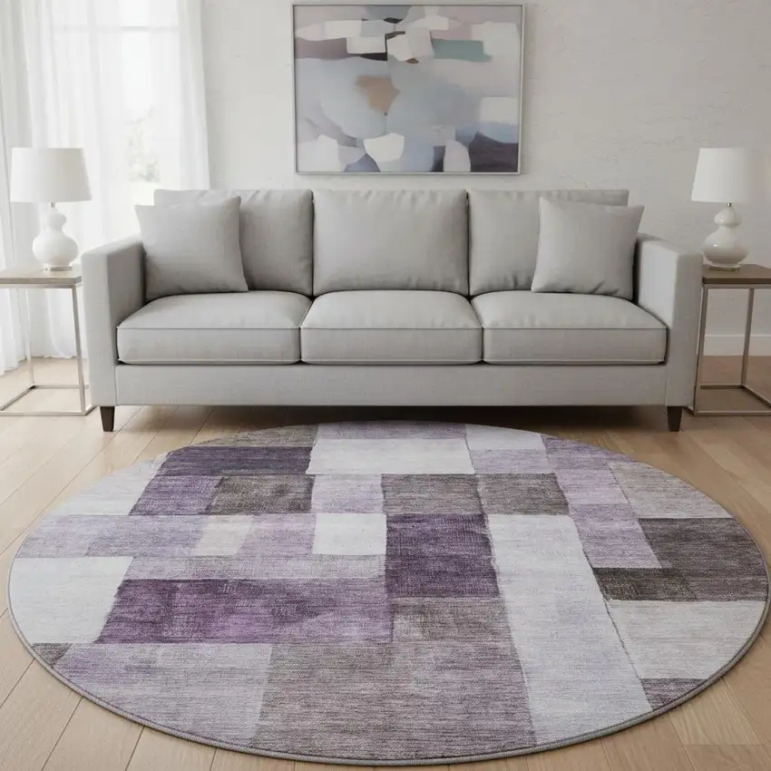 8' Eggplant Gray And Ivory Geometric Washable Round Rug With UV Protection Photo 2