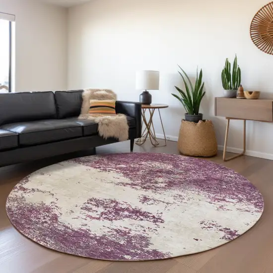 8' Eggplant Gray And Ivory Round Abstract Washable Indoor Outdoor Area Rug Photo 7