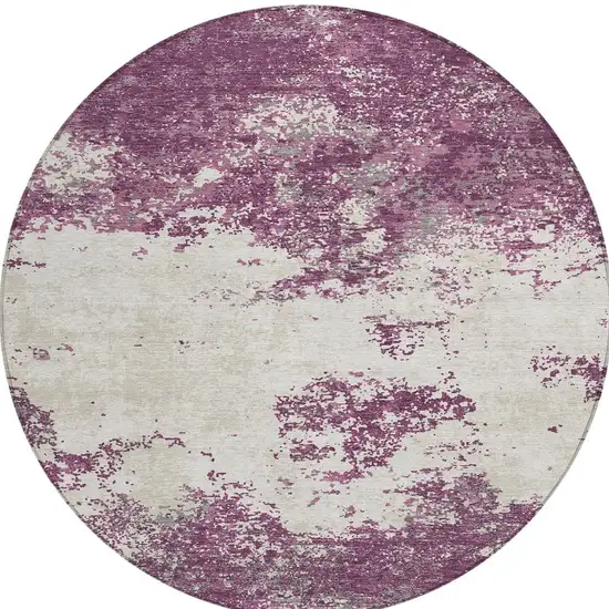 8' Eggplant Gray And Ivory Round Abstract Washable Indoor Outdoor Area Rug Photo 5