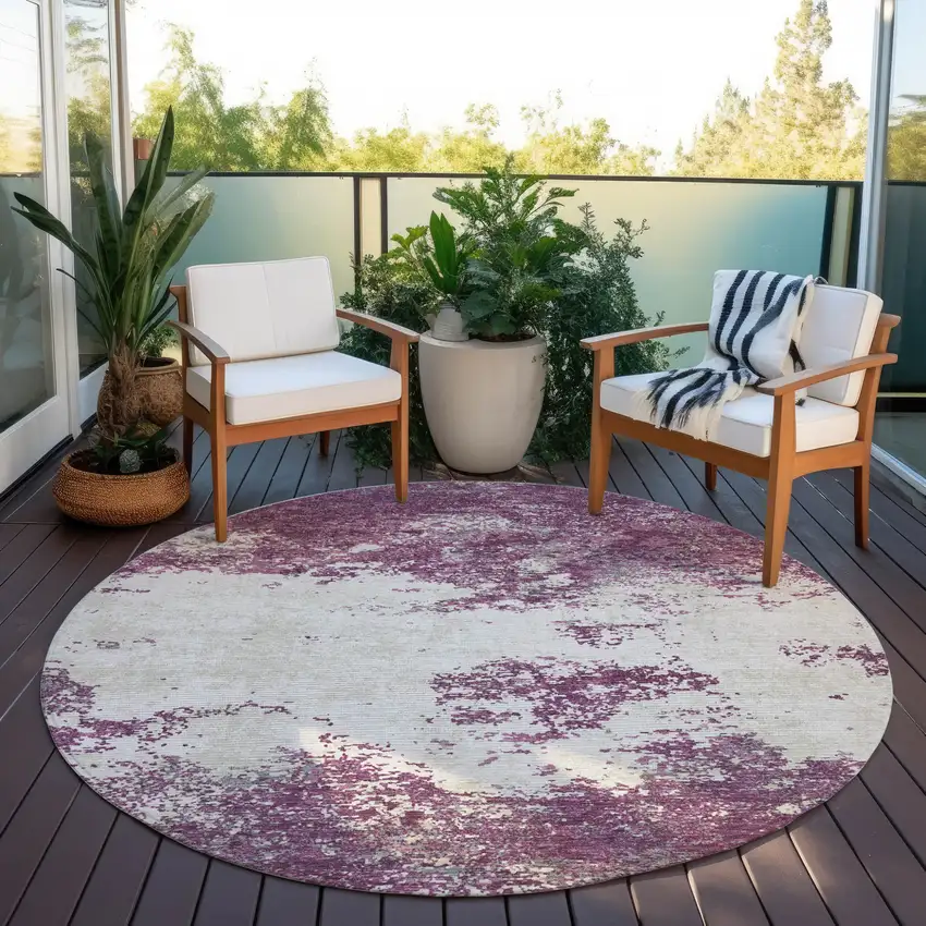 8' Eggplant Gray And Ivory Round Abstract Washable Indoor Outdoor Area Rug Photo 6
