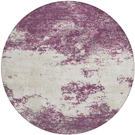 8' Eggplant Gray And Ivory Round Abstract Washable Indoor Outdoor Area Rug Photo 2
