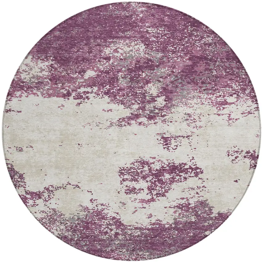 8' Eggplant Gray And Ivory Round Abstract Washable Indoor Outdoor Area Rug Photo 2