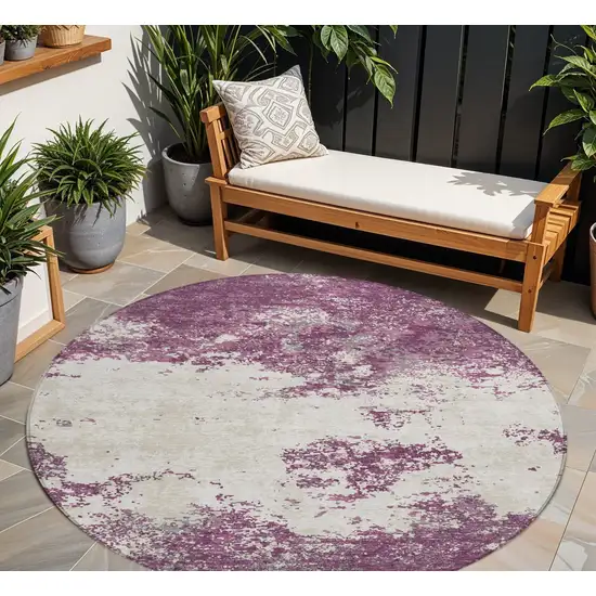 8' Eggplant Gray And Ivory Round Abstract Washable Indoor Outdoor Area Rug Photo 1